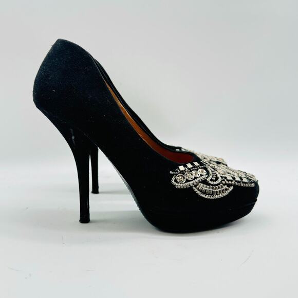 Dries van Noten Shoes Womens 6.5 Black Suede Heels Silver Beaded Chain Stilettos - Picture 1 of 12